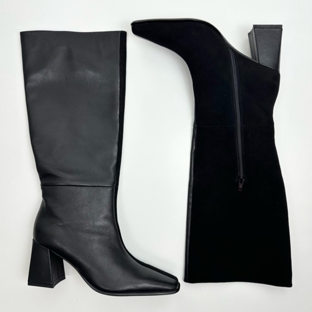 INTENTIONALLY BLANK TGIF knee high boots black heels leather suede NIB 11